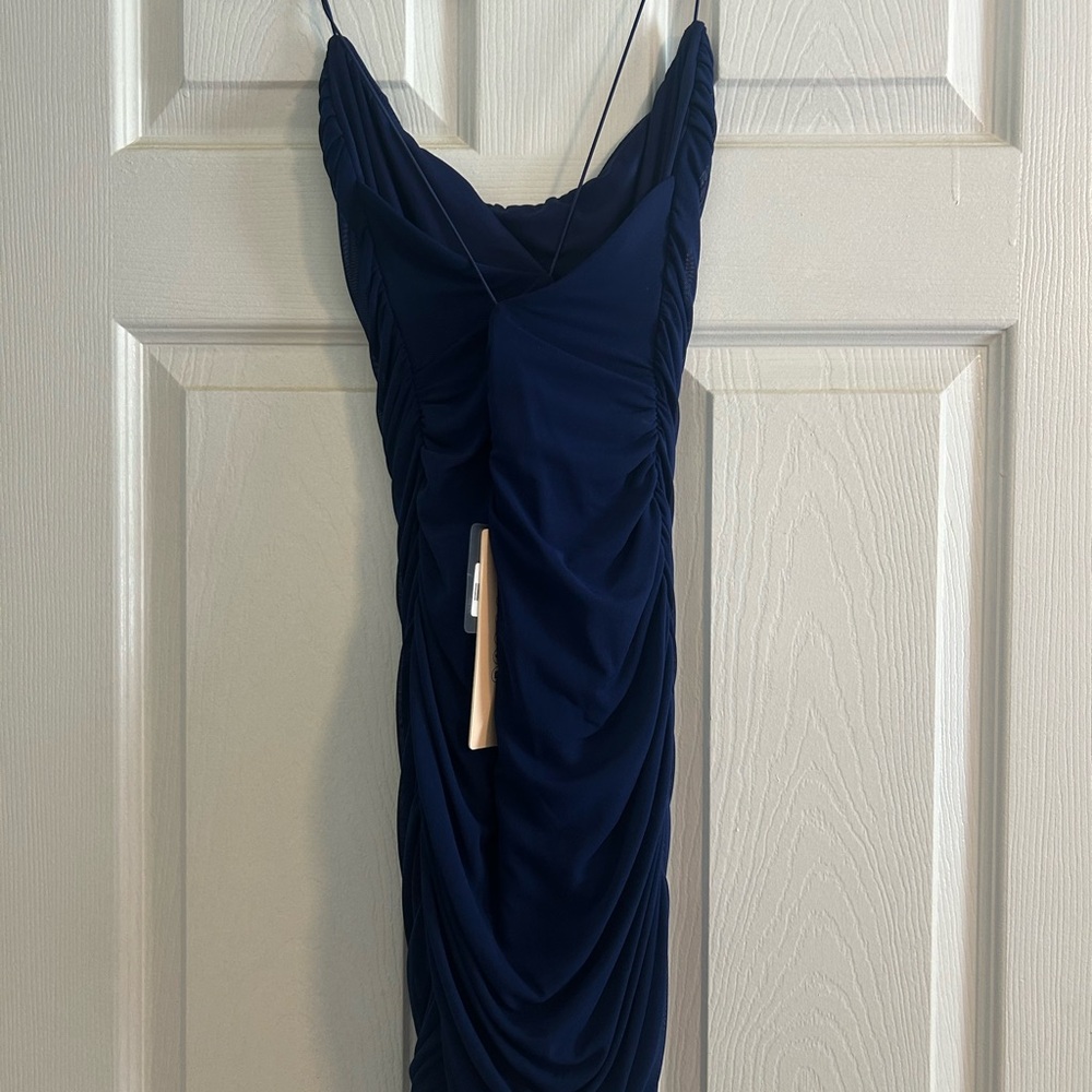 New with tags Oh Polly Navy Blue Ruched Mini Dress - Picture 2 of 3